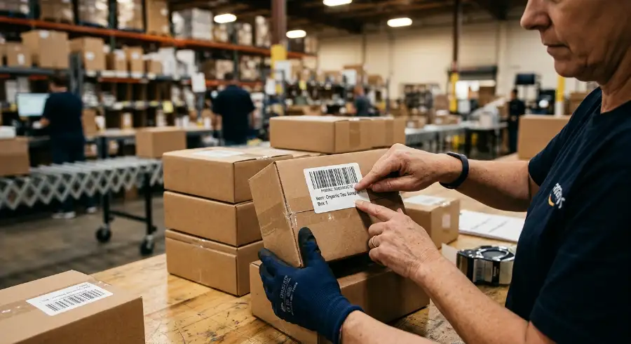 Close-up of FNSKU labeling process for Amazon FBA prep