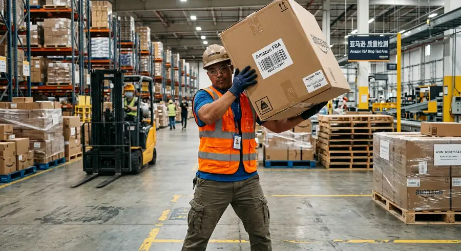 Inspector performing a standard carton drop test at a shipping warehouse