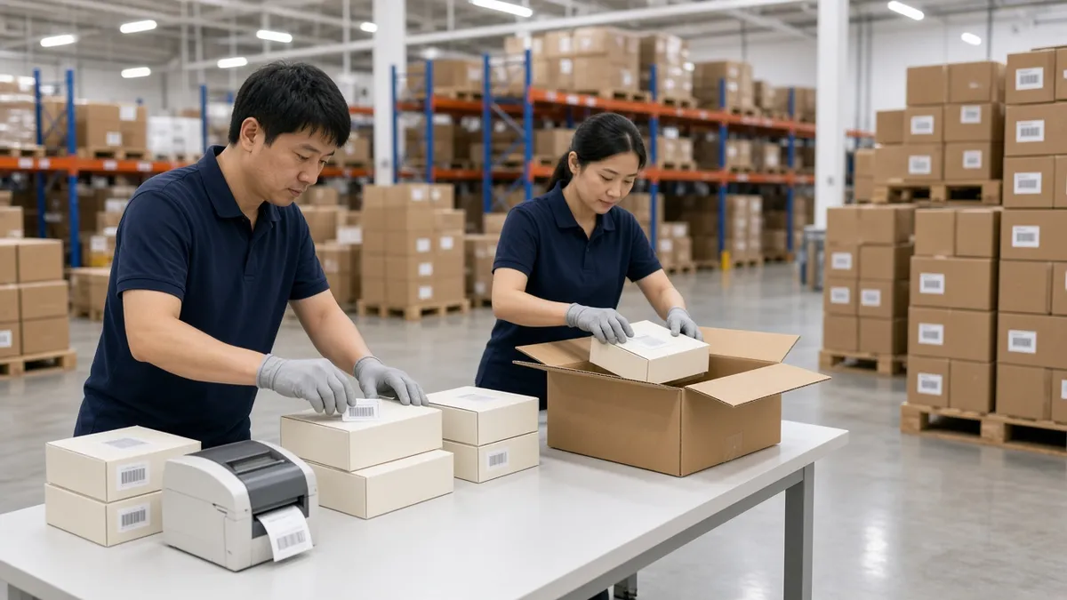 Two warehouse staff applying retail labels to packaged boxes ready for fulfillment
