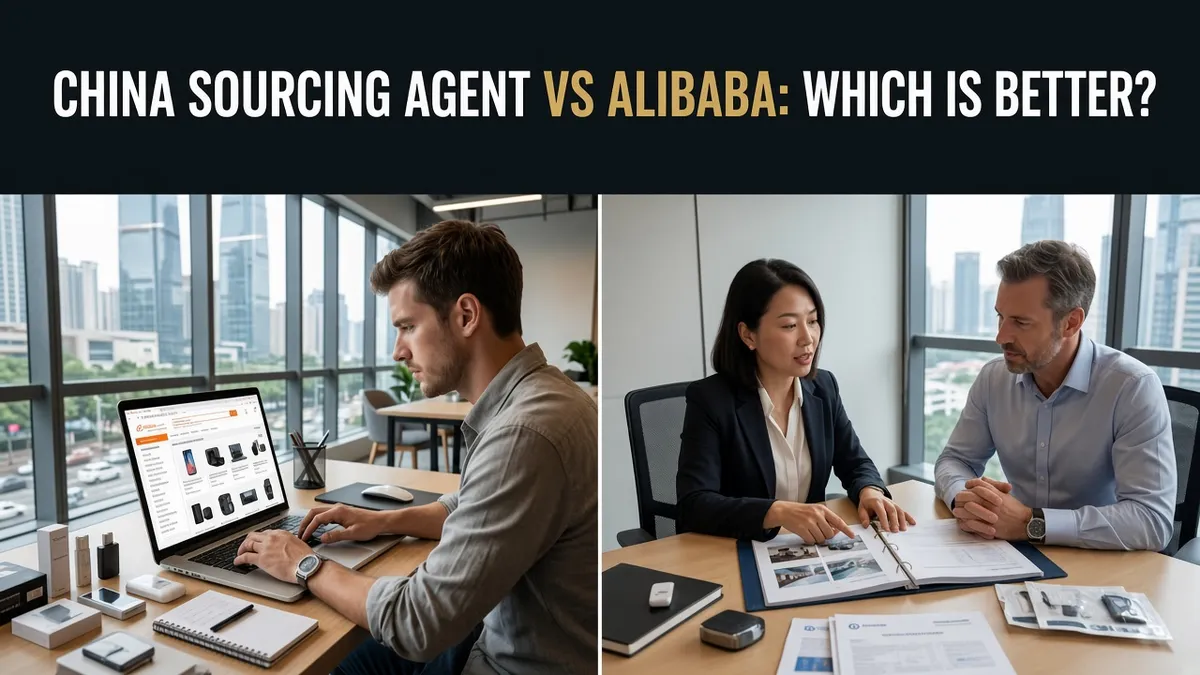 China sourcing agent vs Alibaba comparison showing a buyer browsing Alibaba beside a sourcing specialist reviewing factory documents