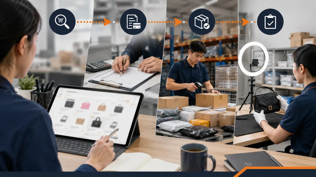 Four-step sourcing workflow covering supplier search, quoting, packaging and inspection