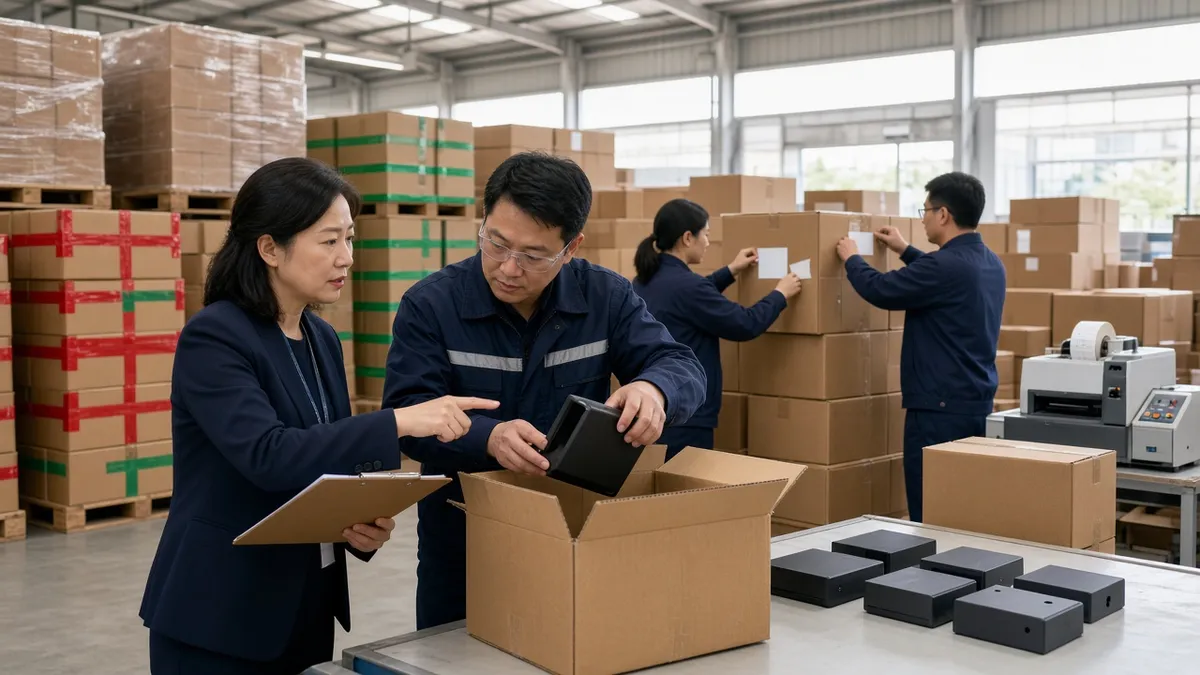 Sourcing manager inspecting a product in an open carton while workers label boxes