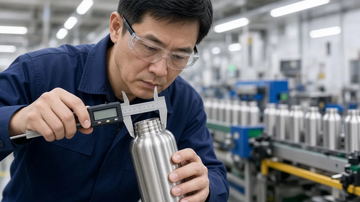 Factory inspector using a digital caliper to measure a stainless steel bottle on a production line