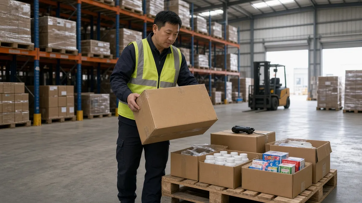 Warehouse worker checking cartons before shipment in a fulfillment warehouse