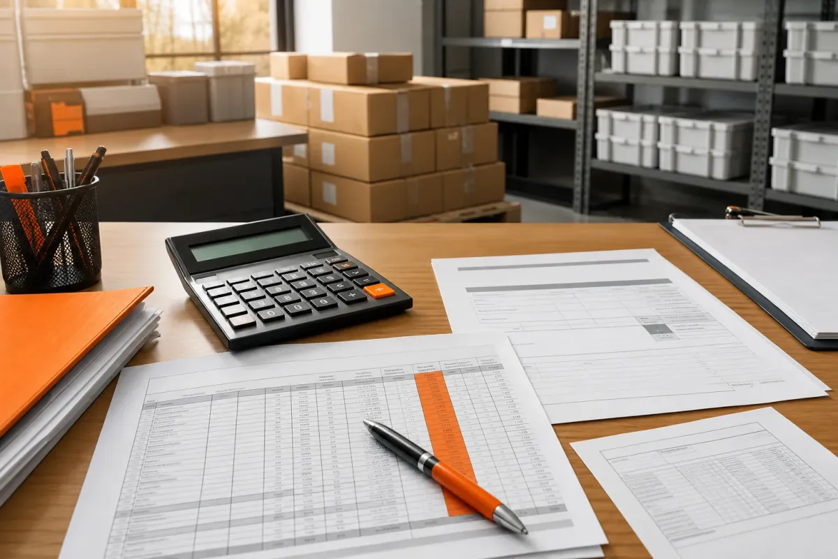 Landed cost calculation with a calculator, cost sheets and packed cartons in a warehouse