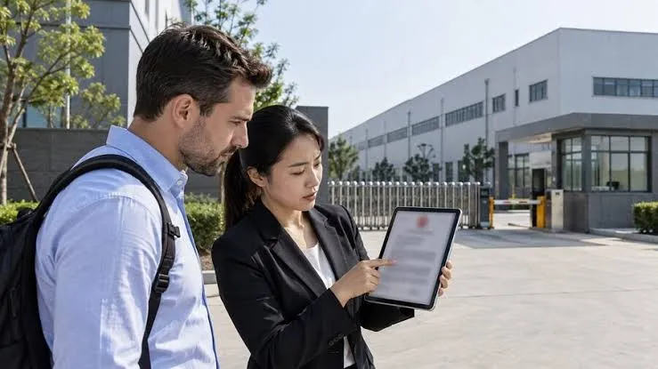 Two buyers checking a supplier business license on a tablet outside a Chinese factory gate