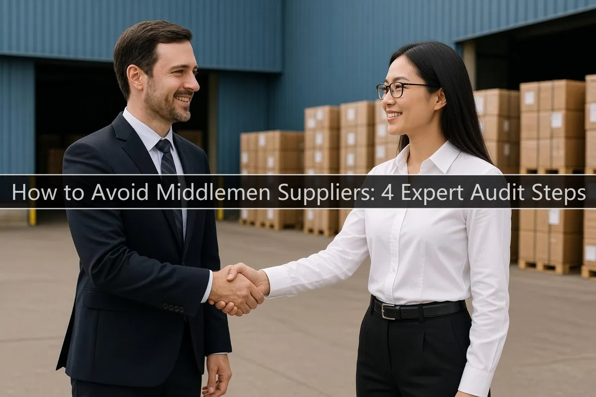 Buyer and factory manager shaking hands in front of a warehouse loaded with export cartons
