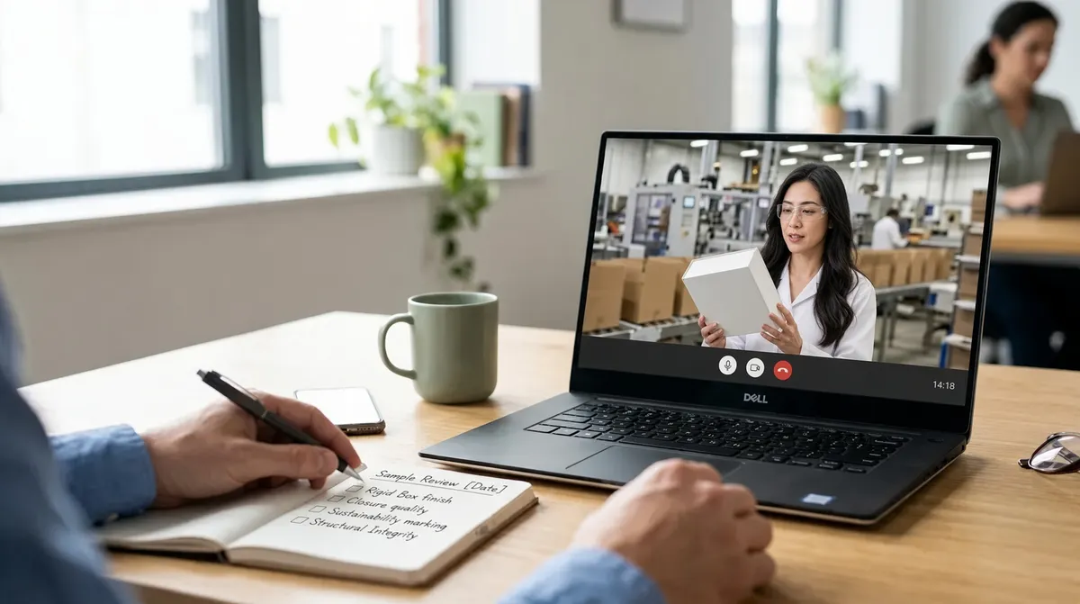 Buyer taking notes during a live video call showing a supplier holding a product in a factory