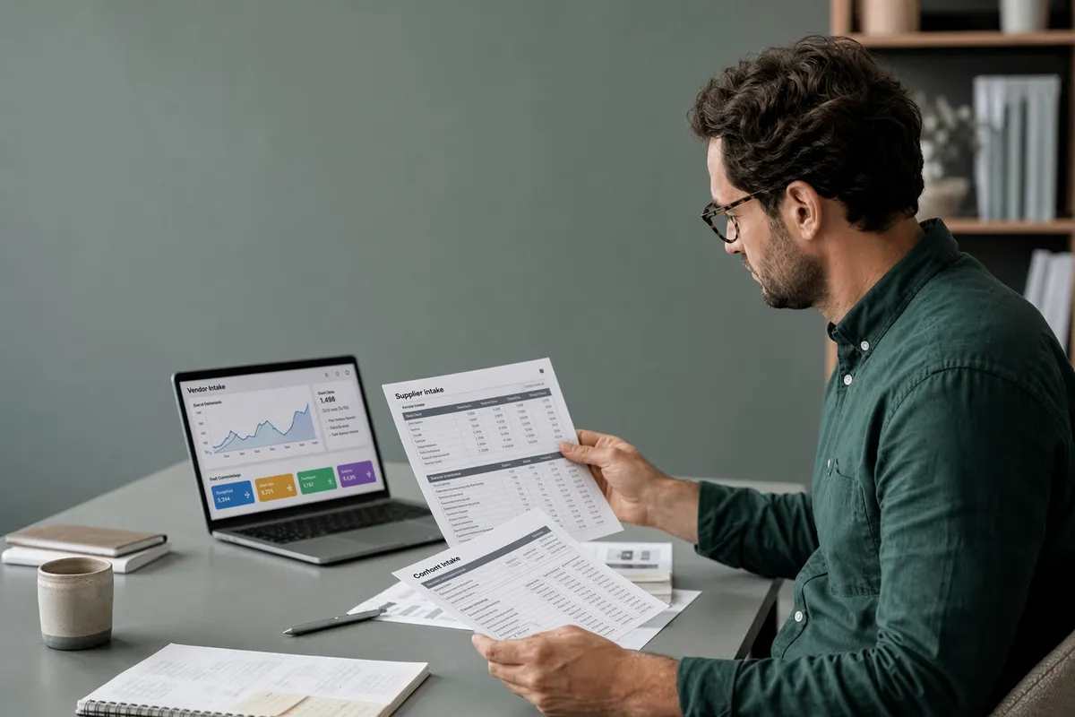 Buyer reviewing printed supplier intake sheets beside a laptop showing a vendor intake dashboard