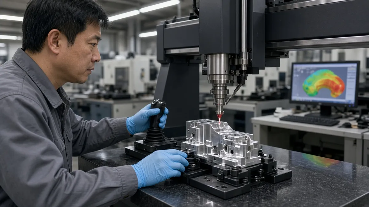 Auditor checking calibration stickers on a measuring machine inside a factory