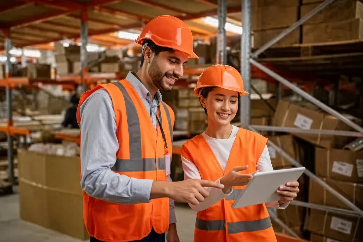 Two auditors in hard hats and hi-vis vests comparing floor findings on a tablet in a warehouse