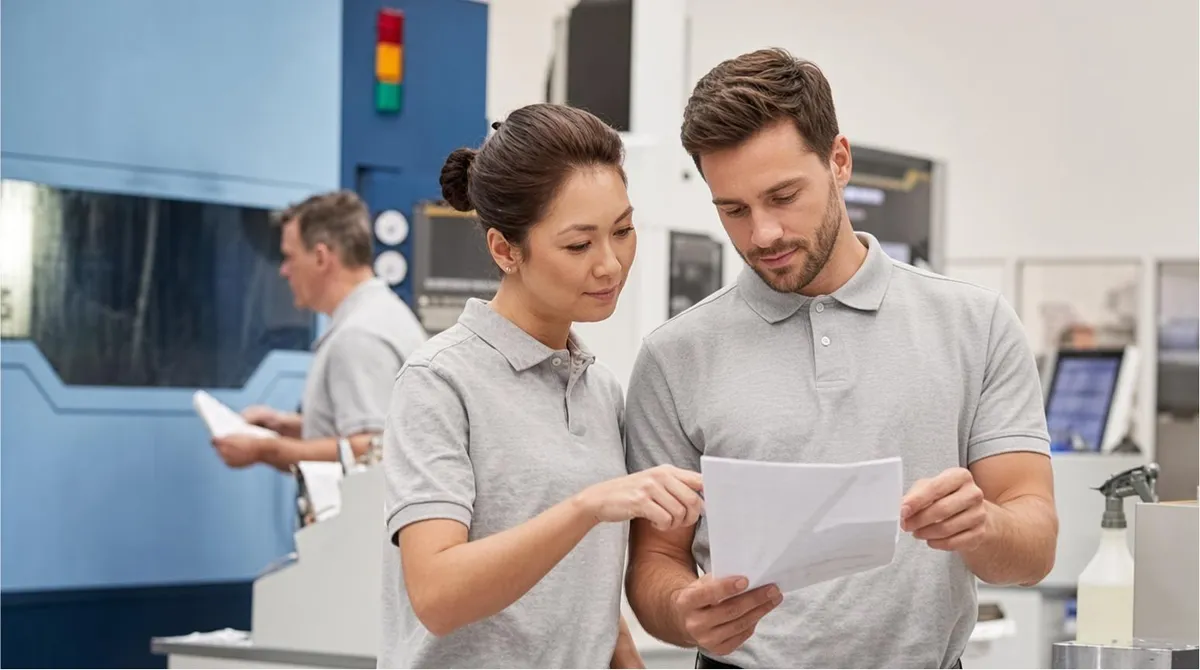 Two factory staff comparing a printed licence document against the production floor beside a CNC machine