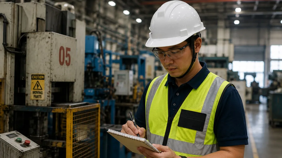 Factory auditor in a hard hat and hi-vis vest logging machine details on a notepad beside a press marked 05