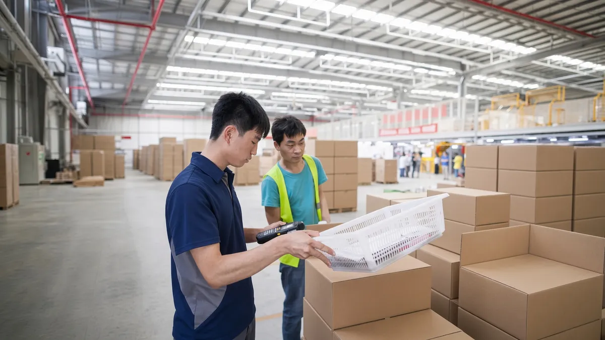 Warehouse workers scanning cartons with a handheld barcode scanner along the receiving line