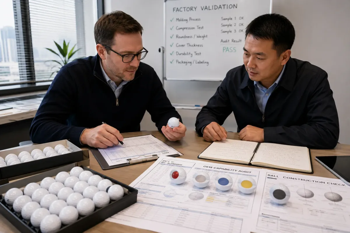 Two buyers reviewing an OEM capability audit scorecard and validated product samples at a desk