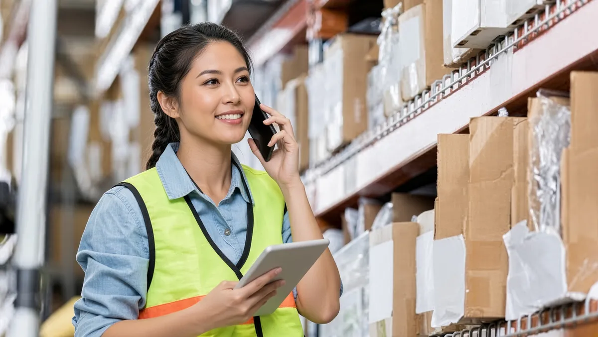 Buyer in a hi-vis vest checking warehouse racking while on the phone with a tablet in hand