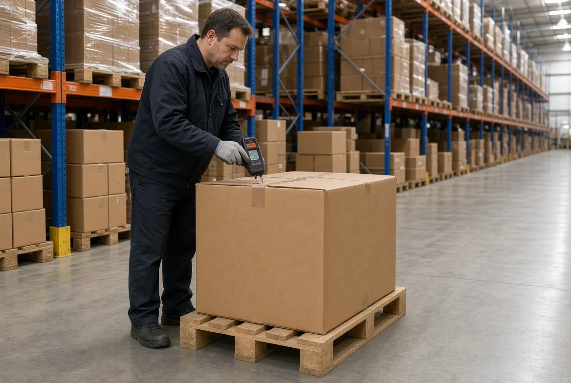 Inspector reading a moisture meter held against a palletised master carton