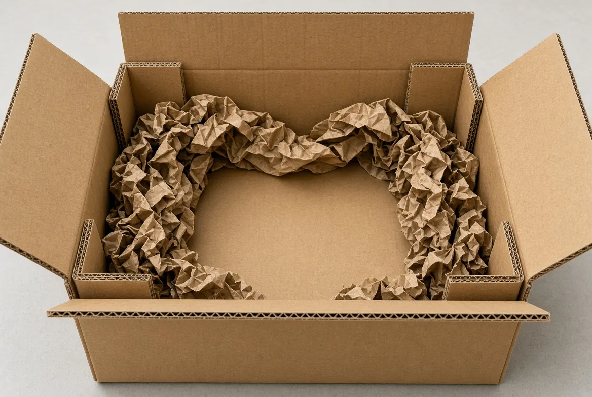 Open carton showing crinkled paper void fill and corner reinforcement