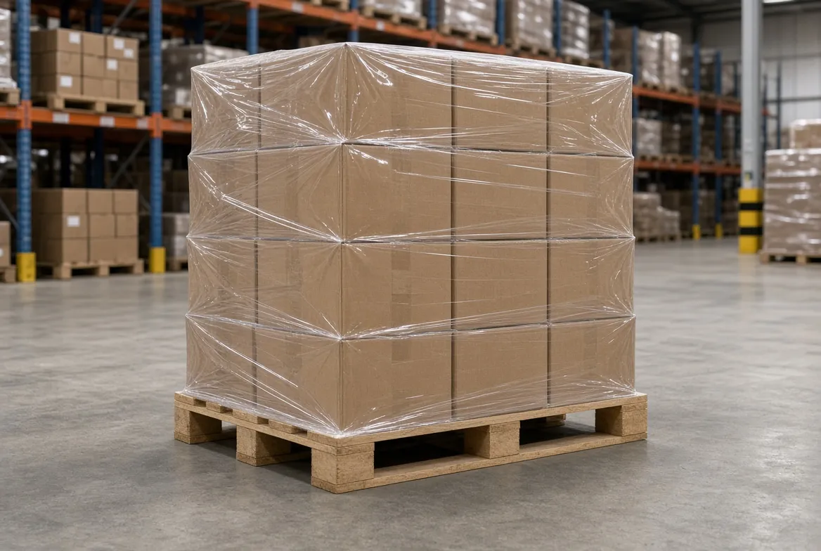Stretch-wrapped export pallet staged for pre-shipment inspection