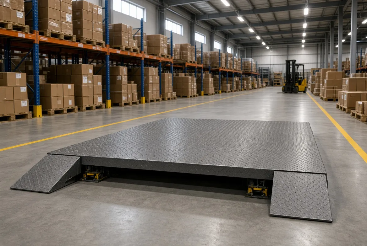 Calibrated floor scale in a warehouse aisle at the finished-goods handoff point