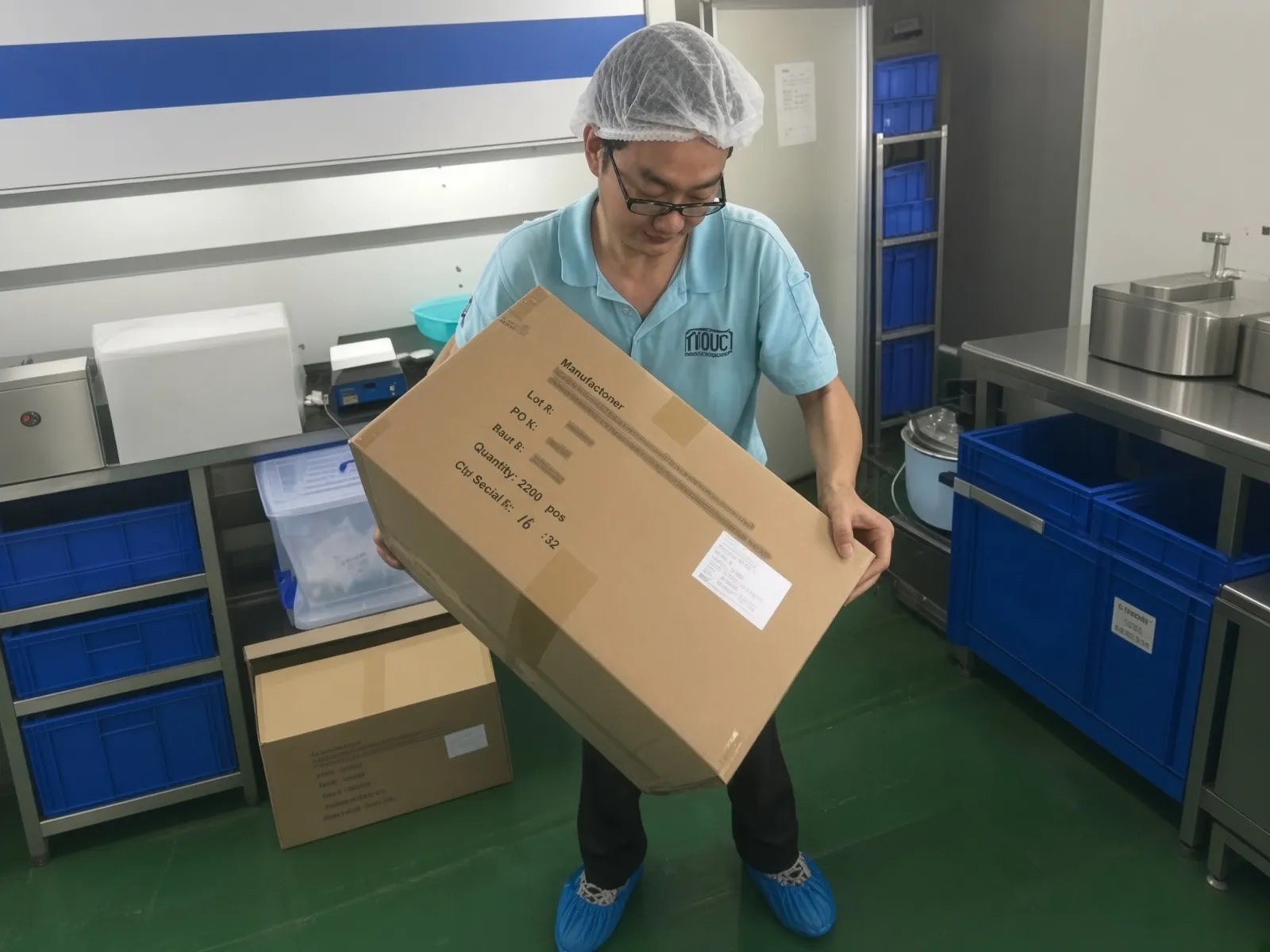Physical master carton inspection checking dimensions, board integrity, and tape seals