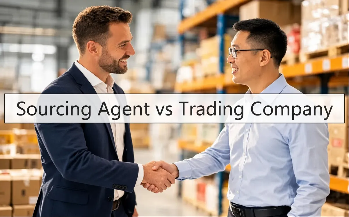 Buyer shaking hands with a Chinese supplier in a warehouse stacked with export cartons — sourcing agent vs trading company