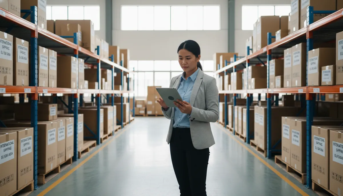Supply chain manager with a tablet walking an aisle of pallet racking stacked with labelled export cartons