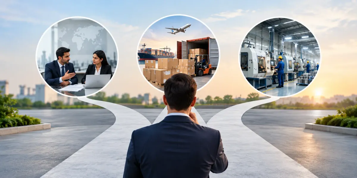 Buyer weighing three sourcing paths — an agency meeting, freight containers and air cargo, and a factory floor