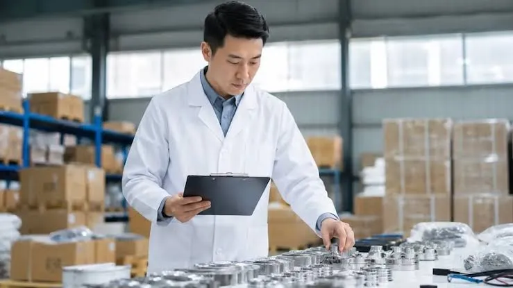 Quality inspector in a lab coat checking machined metal parts against a clipboard on a warehouse line