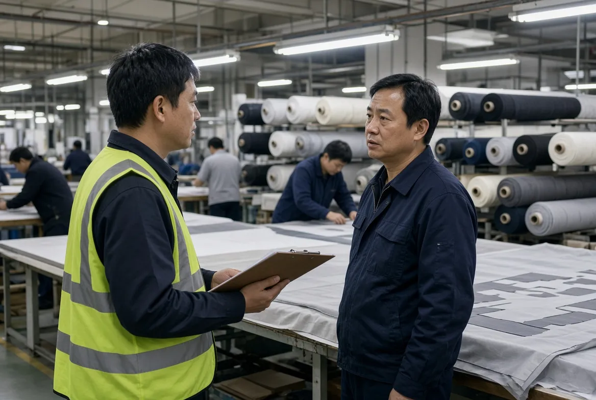 Auditor in a hi-vis vest holding a clipboard verifying a factory floor beside a manager and rolls of fabric on cutting tables