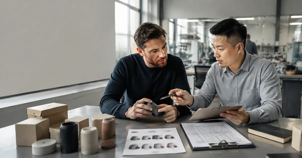 Two buyers comparing a product sample against a printed spec sheet and cost table on a workbench
