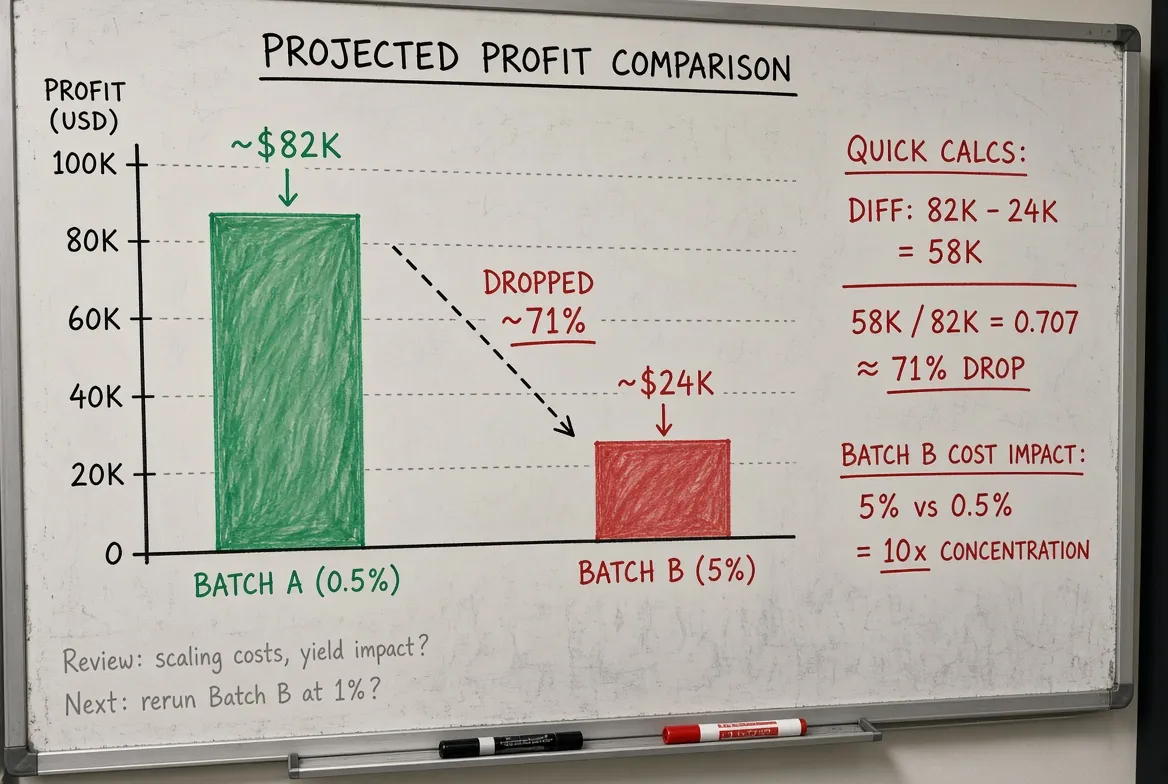Step 3: Side-by-side batch example comparing 0.5% versus 5% defect rates
