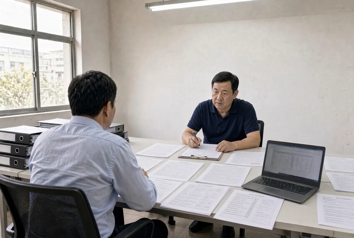 Factory manager reviewing printed audit findings and a spreadsheet, signing a corrective action form at a desk
