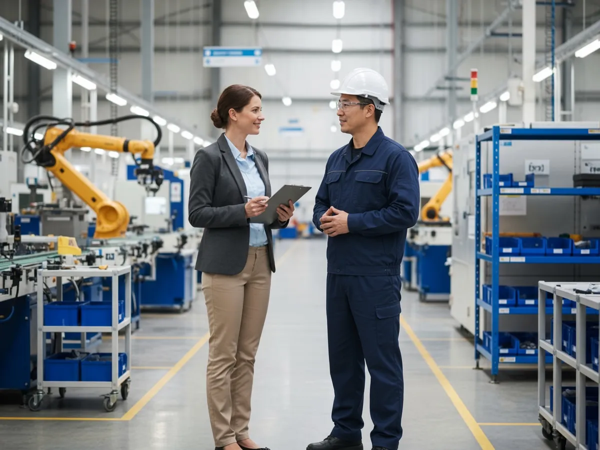 Auditor with a clipboard reviewing documents with a factory worker in a hard hat on a production floor