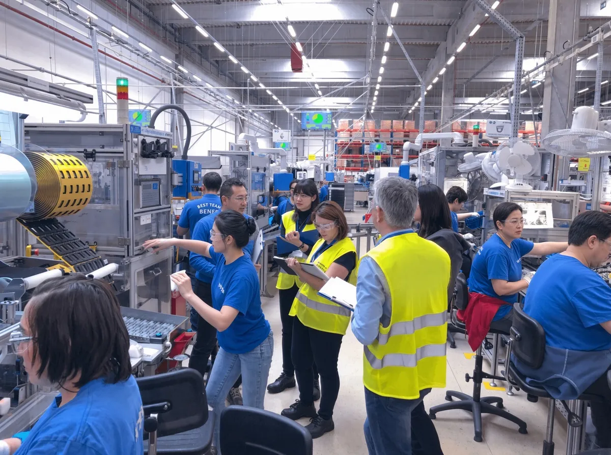 Group of auditors in hi-vis vests walking a busy electronics factory line with clipboards during a floor walk