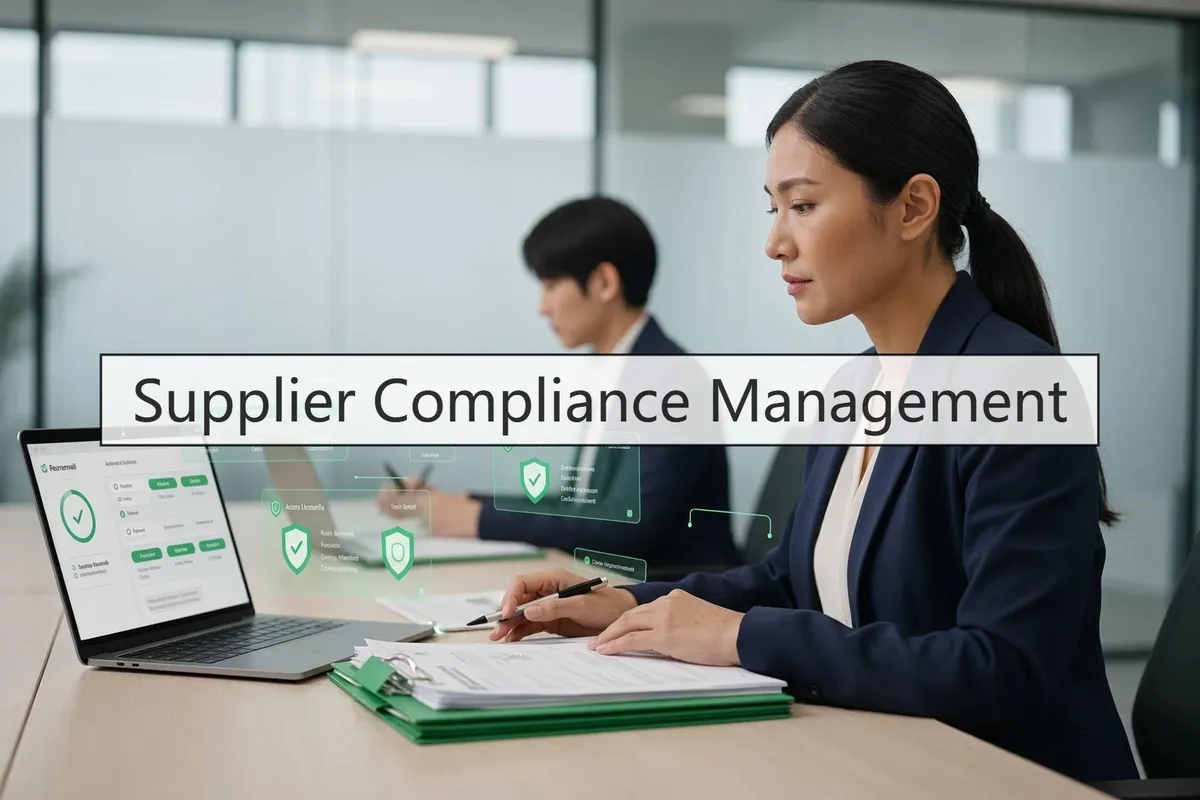 Compliance manager reviewing a supplier compliance dashboard on a laptop in a glass-walled office — supplier compliance management