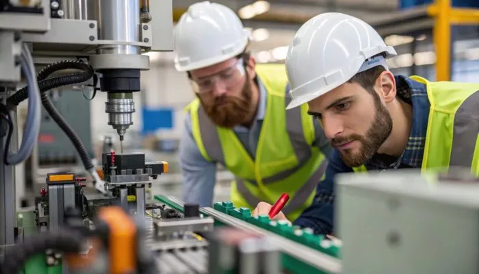 Two engineers in hard hats inspecting machine parts with a red pen at a factory production line