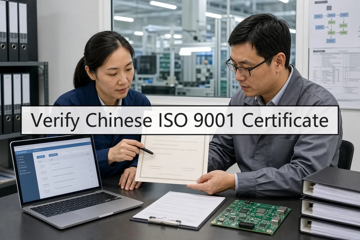 Sourcing manager reviewing a Chinese ISO 9001 certificate alongside a factory business license