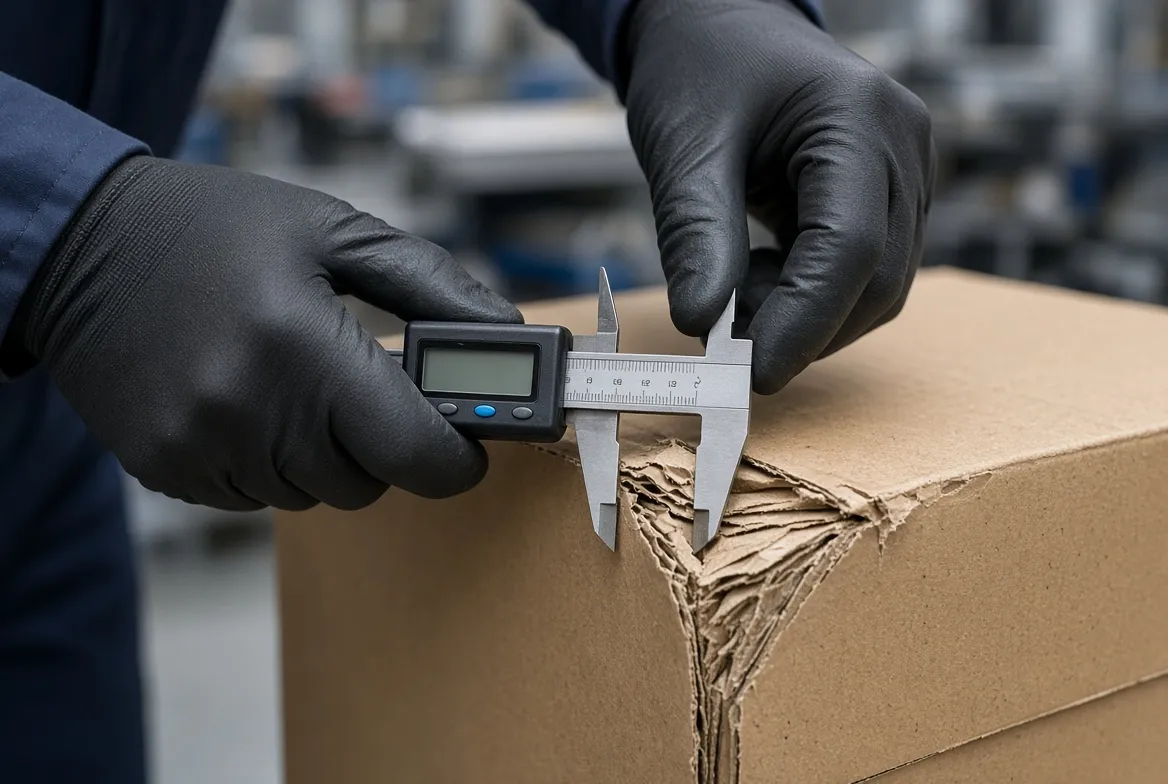 Damaged cartons with crushed corners on a warehouse inspection table