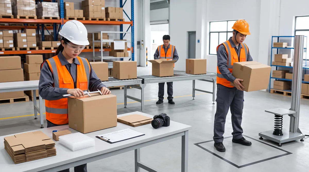 Cartons going through a controlled drop test on flat faces, edges and corners