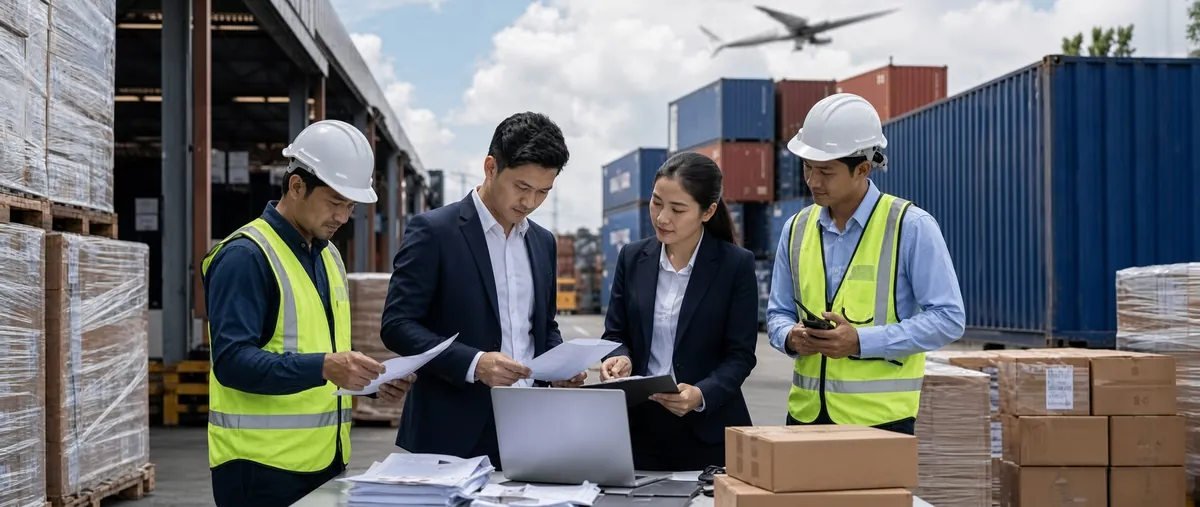 Import documents and a customs entry laid out on a desk