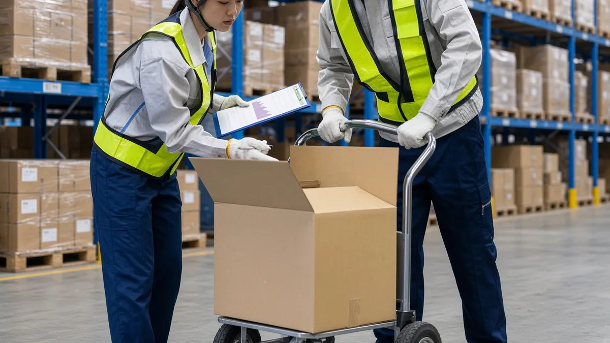 Two inspectors checking a sealed carton against a checklist in a warehouse