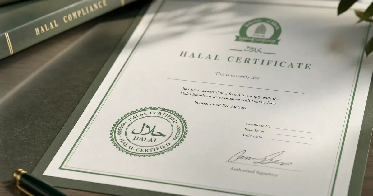 A halal certificate and the halal compliance file laid out on a desk
