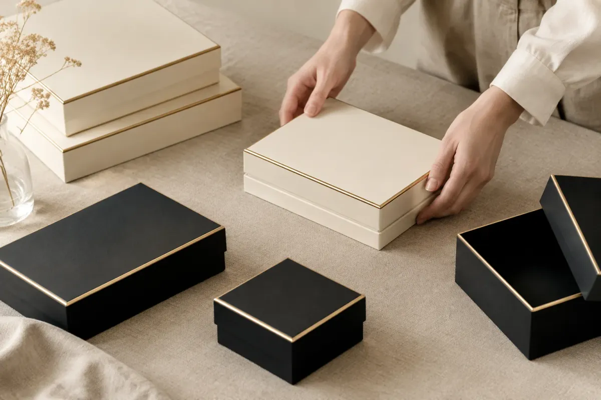 Branded gift boxes with gold trim being assembled for a private-label pack