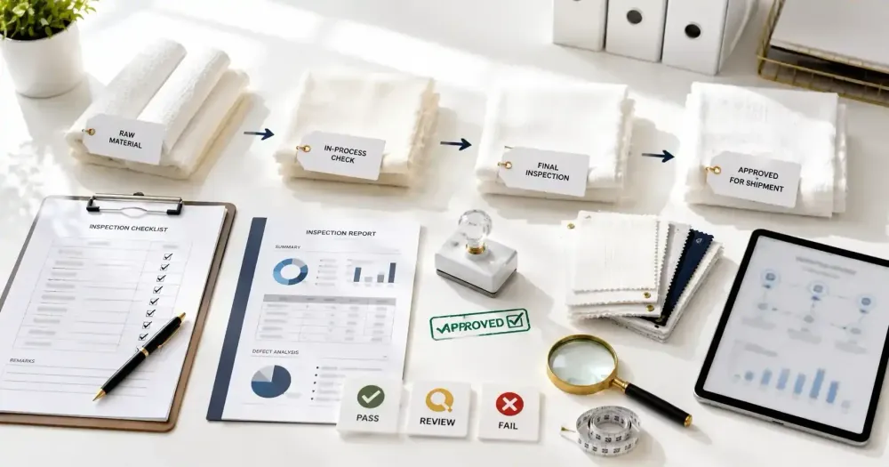 An inspection workflow laid out on a desk: raw material, in-process and final inspection, approved for shipment