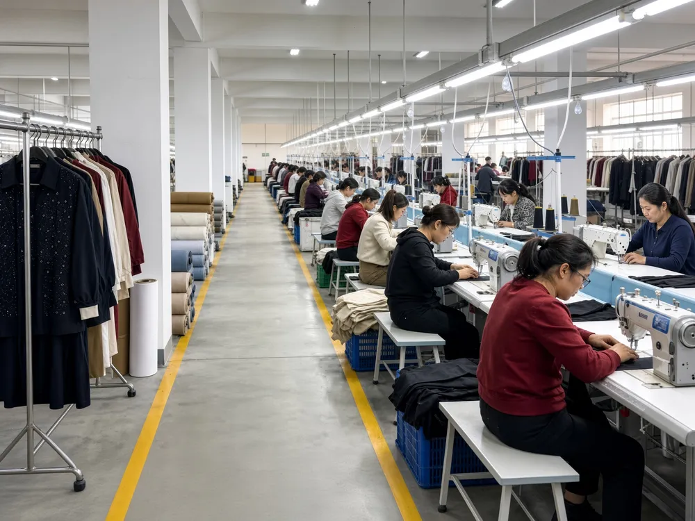 A garment production line in a Chinese factory, the site behind the quoted factory price