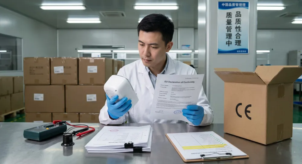 A technician checking a product against its CE-marked carton and its test documentation