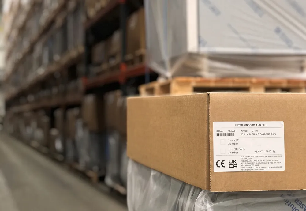 A carton label carrying the UKCA mark, the UK responsible person's details and the product barcode