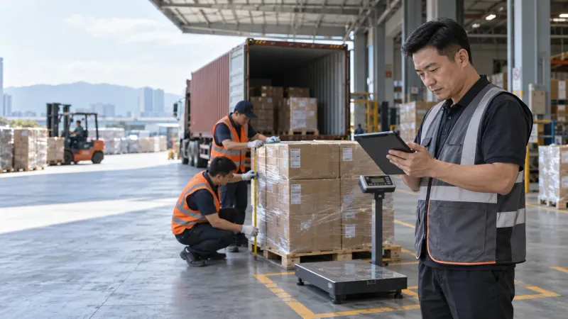 A consignment being weighed and checked on a loading dock before dispatch
