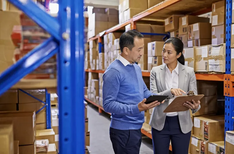 Two colleagues checking a consignment against its paperwork in a warehouse aisle